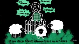 an illustration of a woman building a fence around herself to keep sheep out