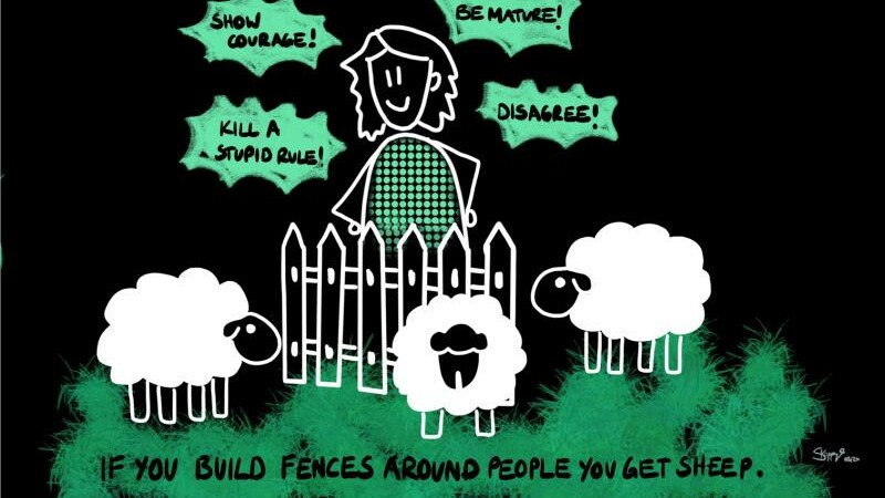 an illustration of a woman building a fence around herself to keep sheep out
