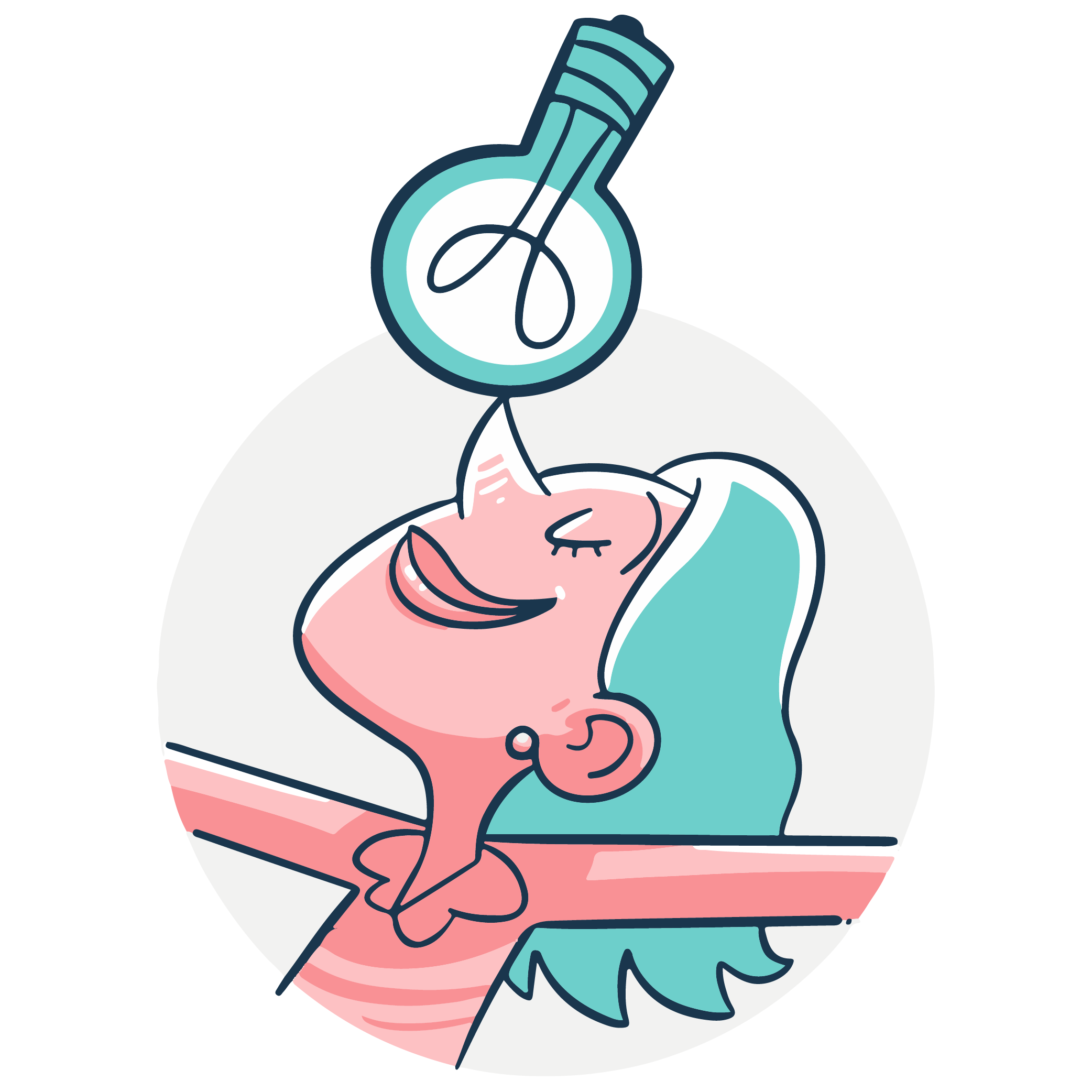 an illustration of a woman balancing a lightbulb on her nose