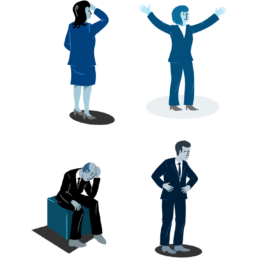 an illustration of 4 people in business attire showcasing different attitudes and emotions