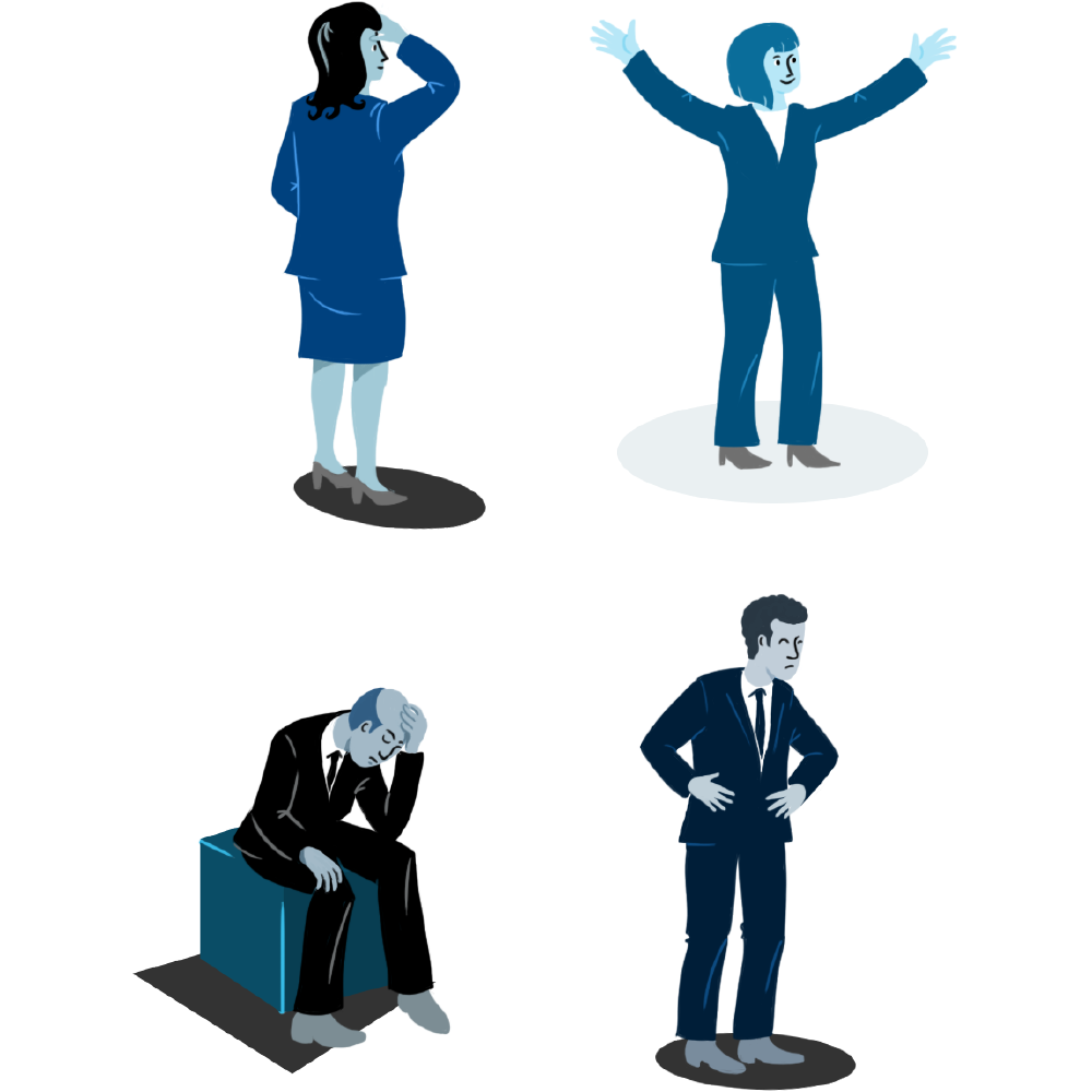 an illustration of 4 people in business attire showcasing different attitudes and emotions