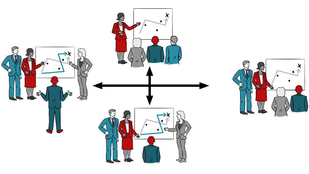 an illustration of business people choosing which position to take