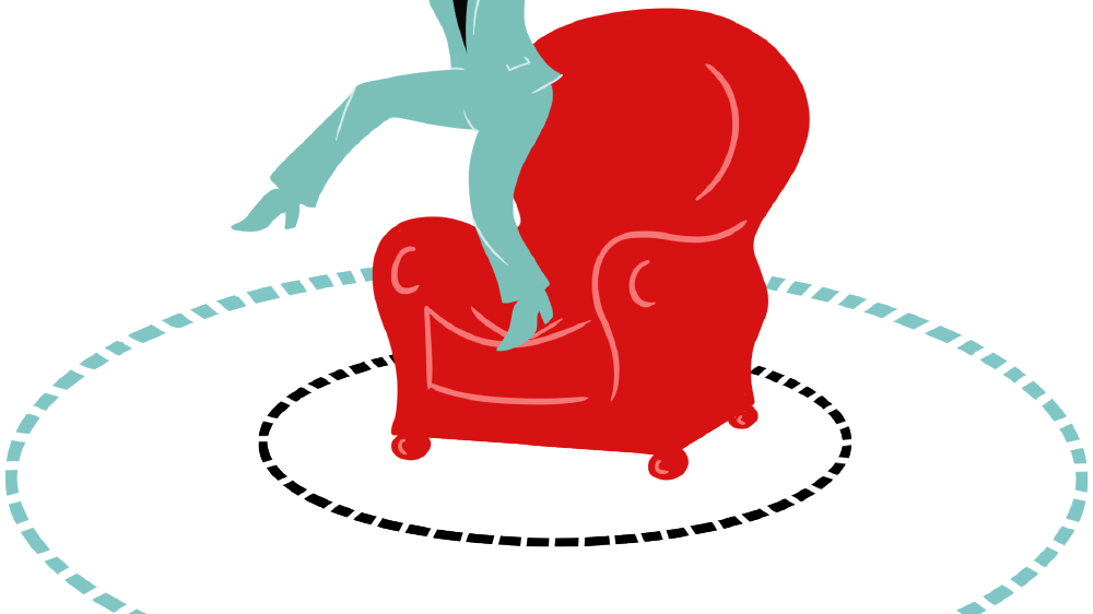 illustration of a woman balancing on a red chair