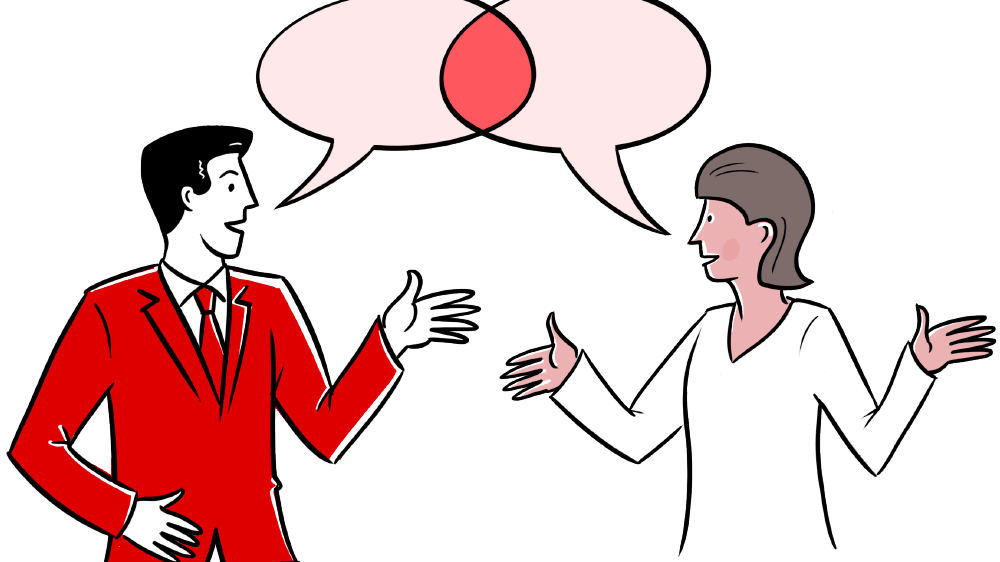 illustration of two business people speaking to each other with speech bubbles coinciding