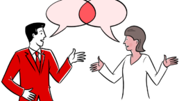 illustration of two business people speaking to each other with speech bubbles coinciding