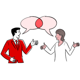 illustration of two business people speaking to each other with speech bubbles coinciding