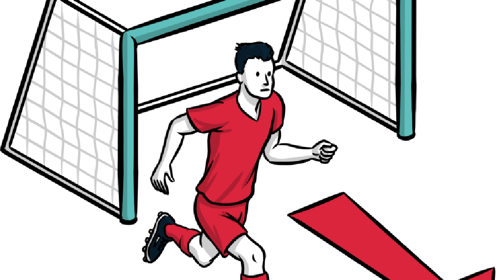 a graphical illustration of a footballer kicking a ball away from a football net