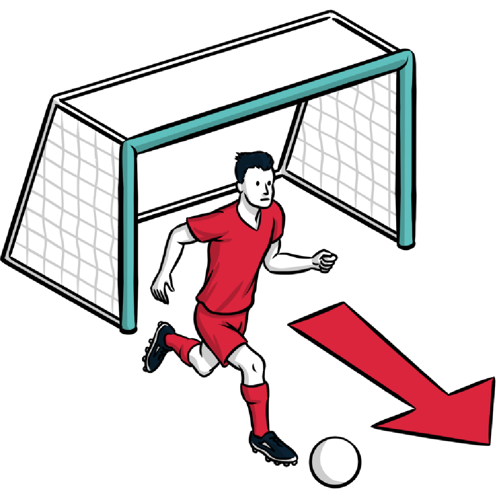 a graphical illustration of a footballer kicking a ball away from a football net