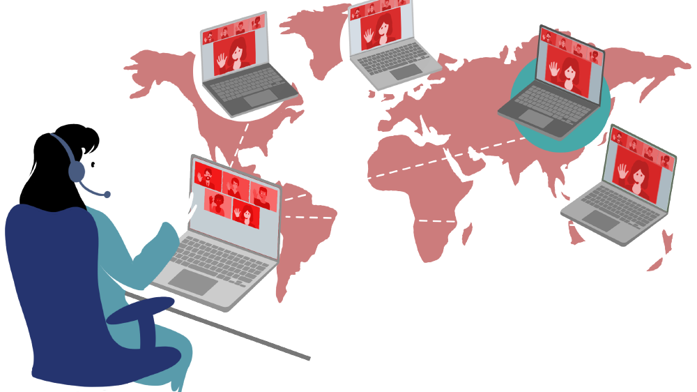 graphical illustration of a woman on a laptop connecting to people from across the world