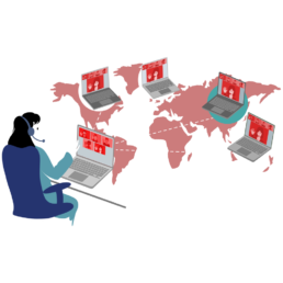 graphical illustration of a woman on a laptop connecting to people from across the world