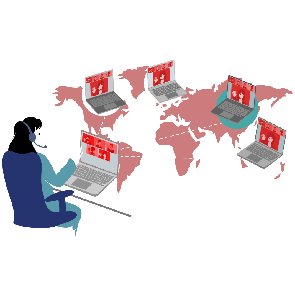 graphical illustration of a woman on a laptop connecting to people from across the world