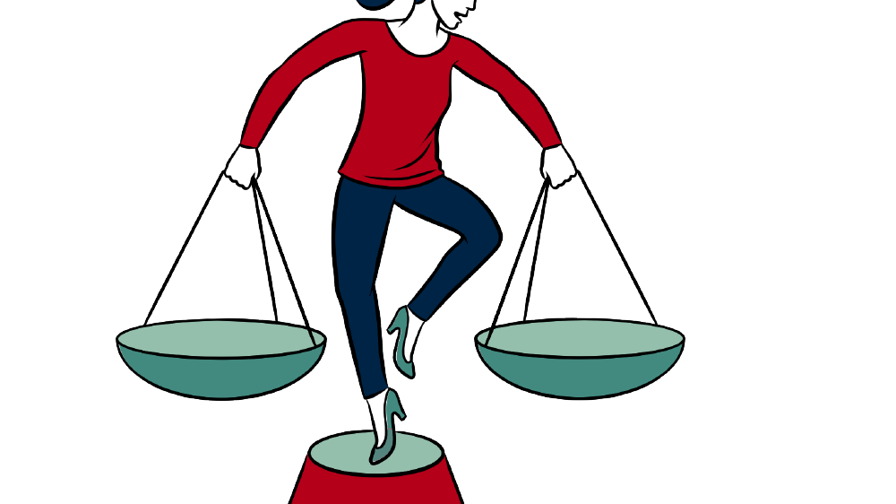 an illustration showing a woman with a red shirt balancing on one leg with scales in her hands