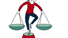 an illustration showing a woman with a red shirt balancing on one leg with scales in her hands