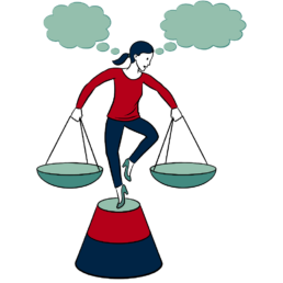 an illustration showing a woman with a red shirt balancing on one leg with scales in her hands