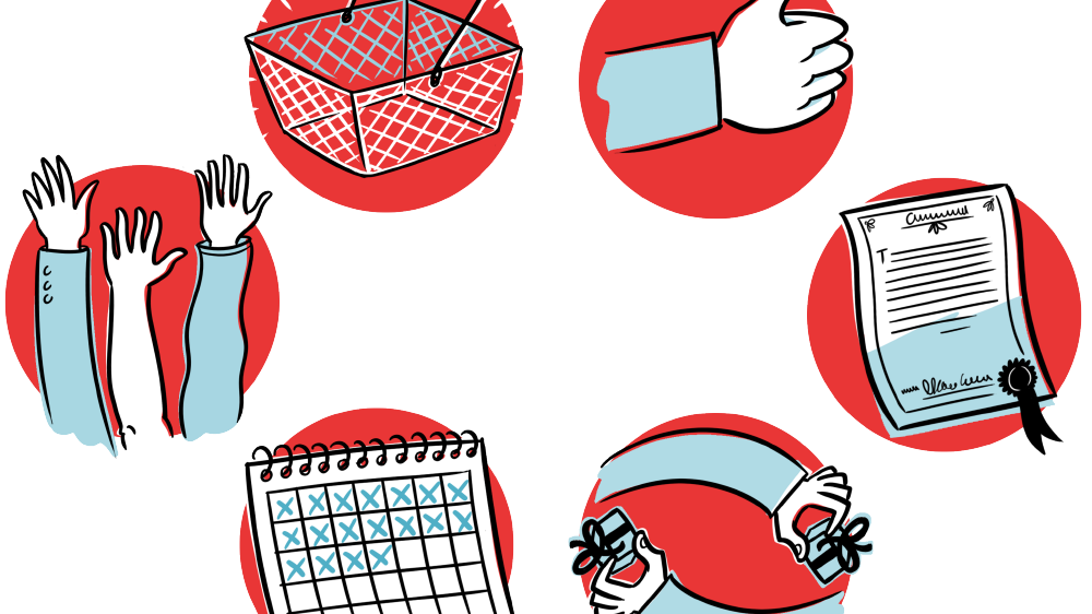 illustration of six red circles containing hands being raised, a calendar, a basket, a certificate, sharing gifts and a thumbs up