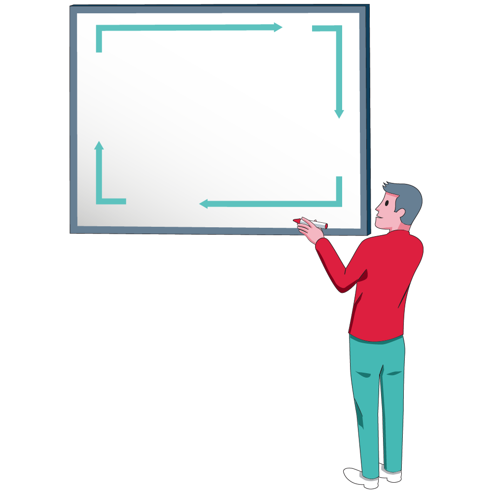 an illustration of a man looking at a blank whiteboard with a red pen