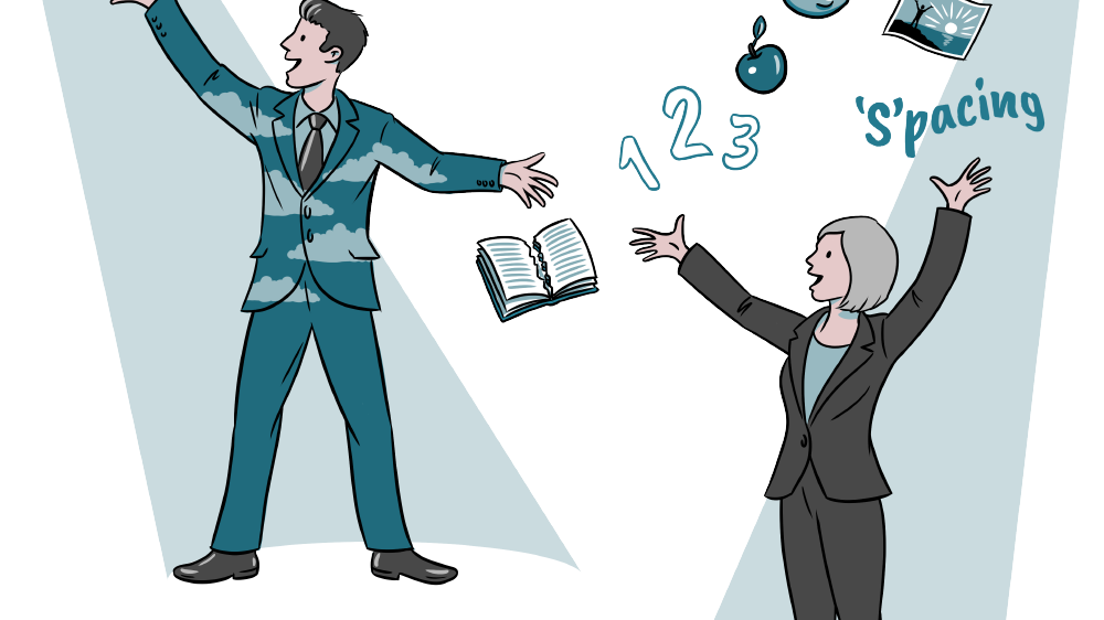 an illustration of a man and a woman in business attire speaking publicly