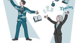 an illustration of a man and a woman in business attire speaking publicly