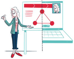 an illustration of a woman holding a pen and delivering a pitch in person and online