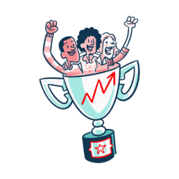 an illustration of a team celebrating inside a prize cup with a growth arrow drawn on it