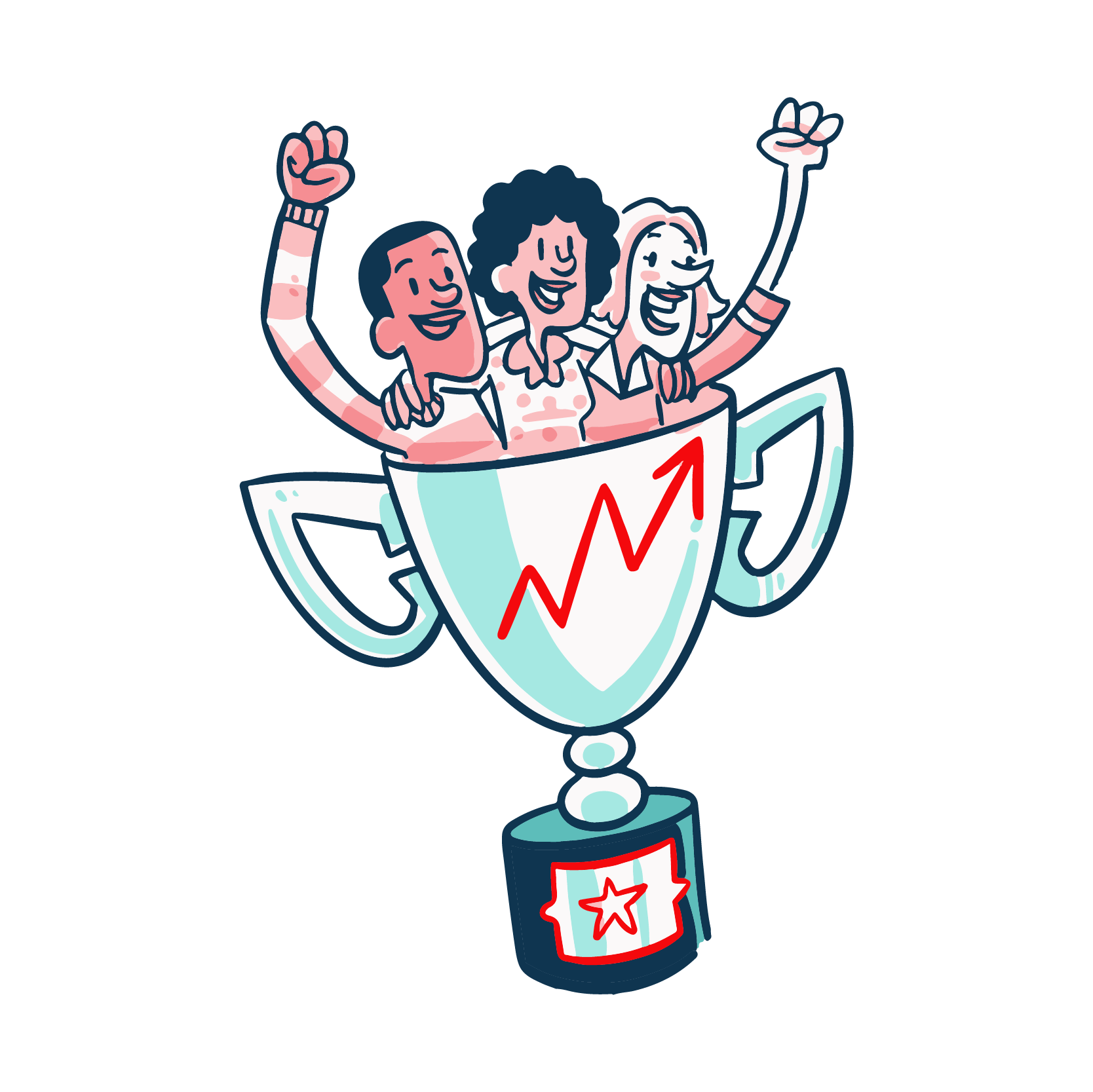 an illustration of a team celebrating inside a prize cup with a growth arrow drawn on it