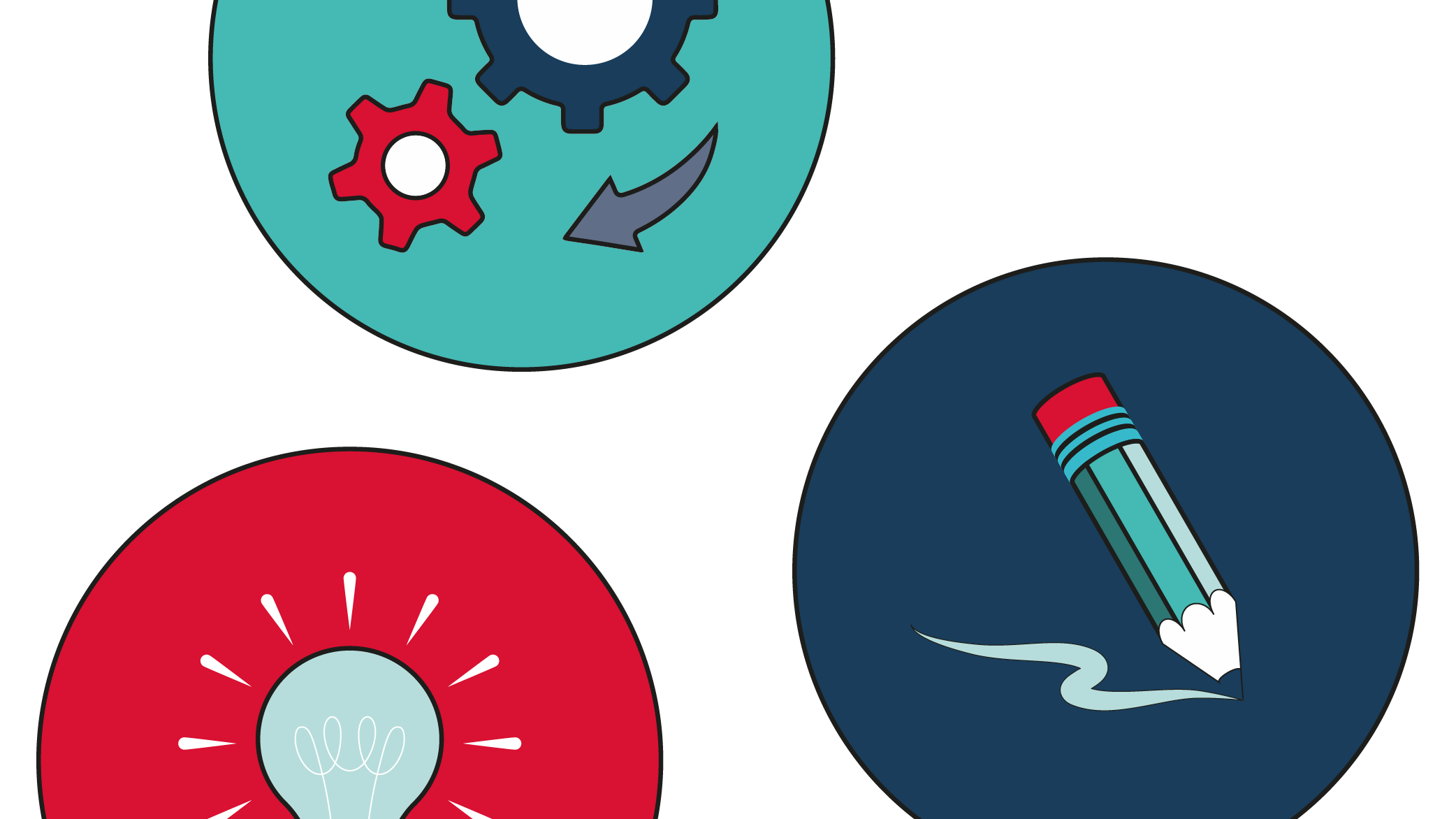 a drawing of three icons representing creativity including a lightbulb, pencil and cogwheels