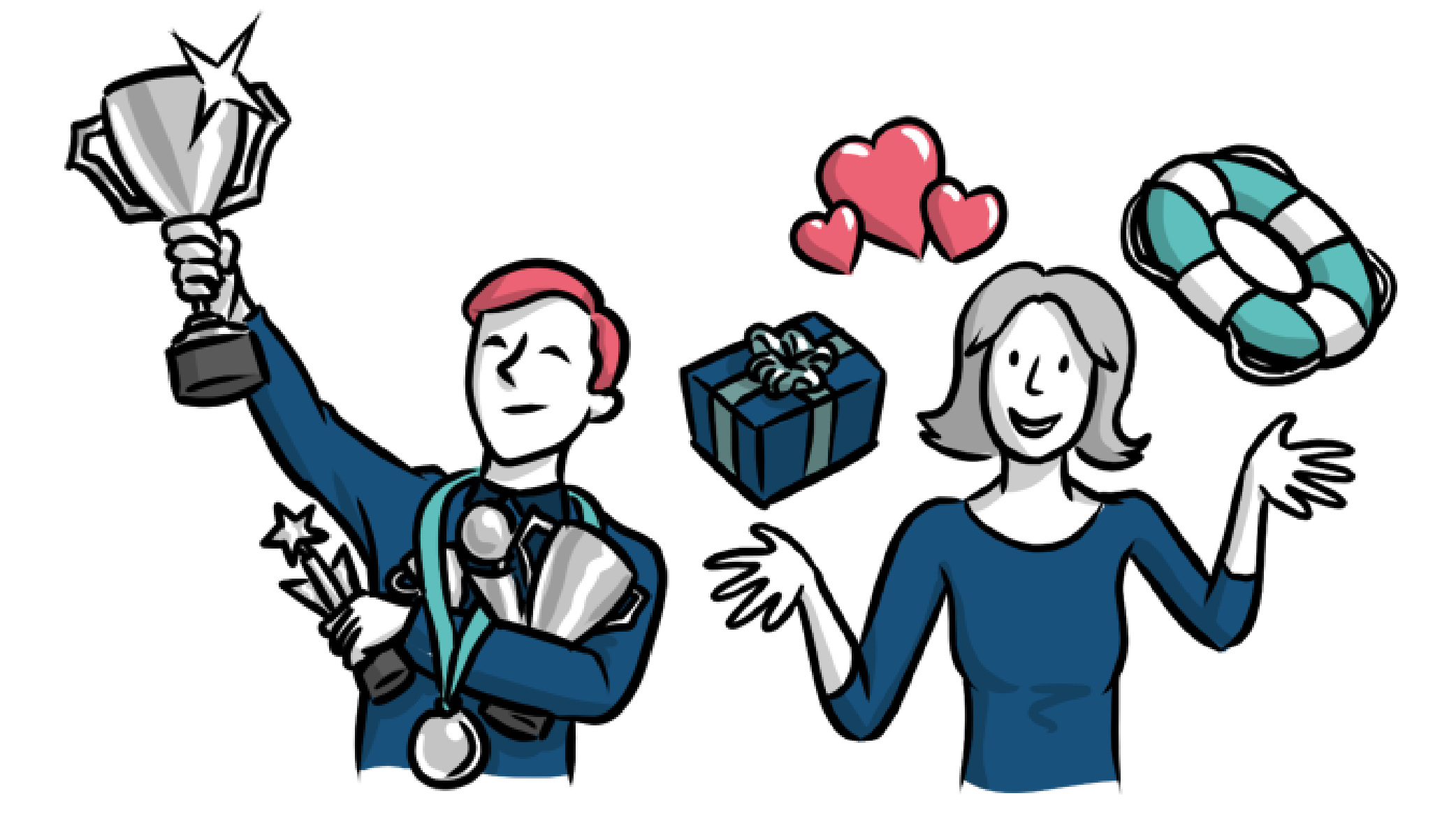 a cartoon illustration of a man and a woman celebrating gifts and prizes