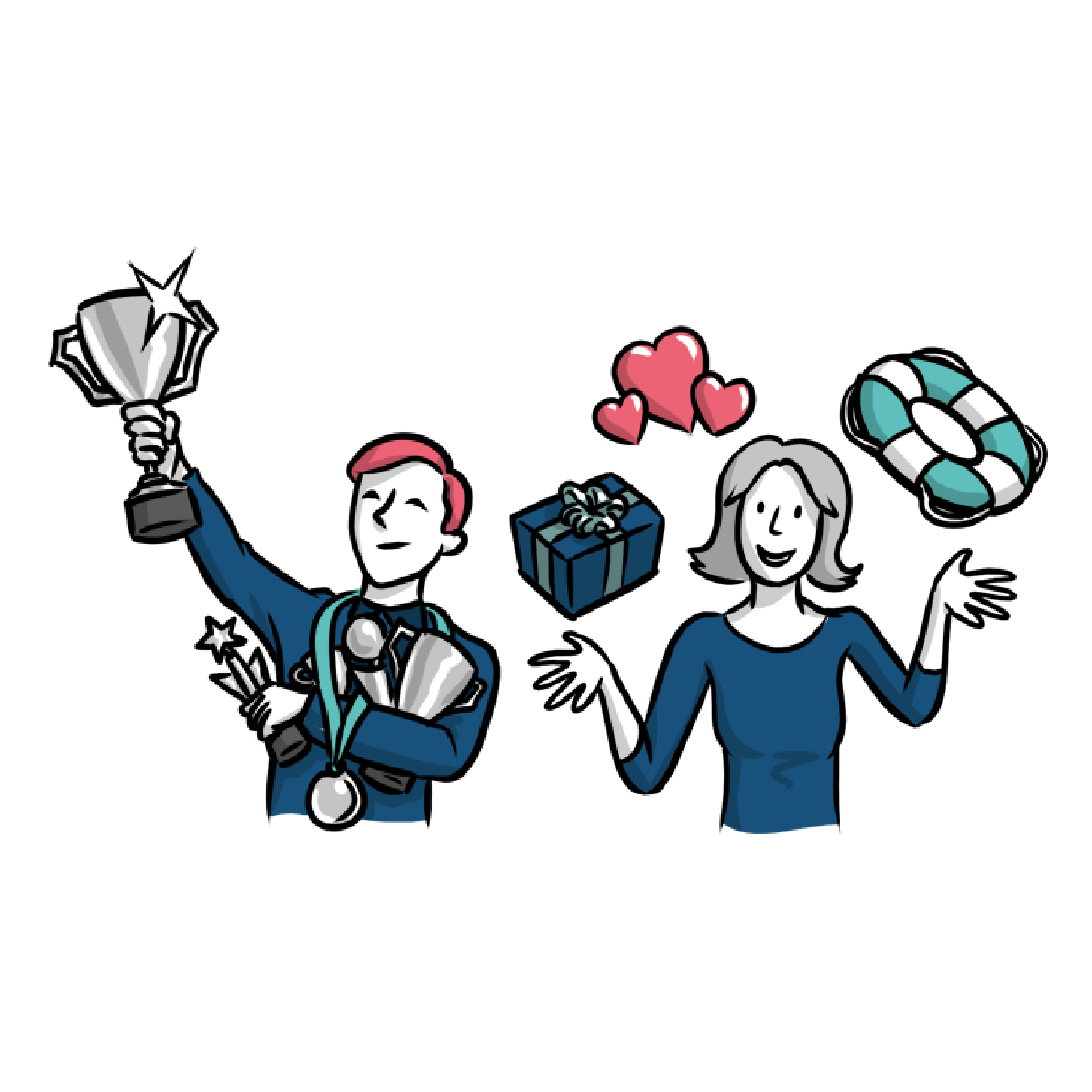 a cartoon illustration of a man and a woman celebrating gifts and prizes